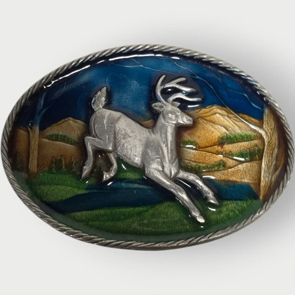 Vintage 1980 Great American Buckle Co‎ Jumping Deer Enamel Belt Buckle H472